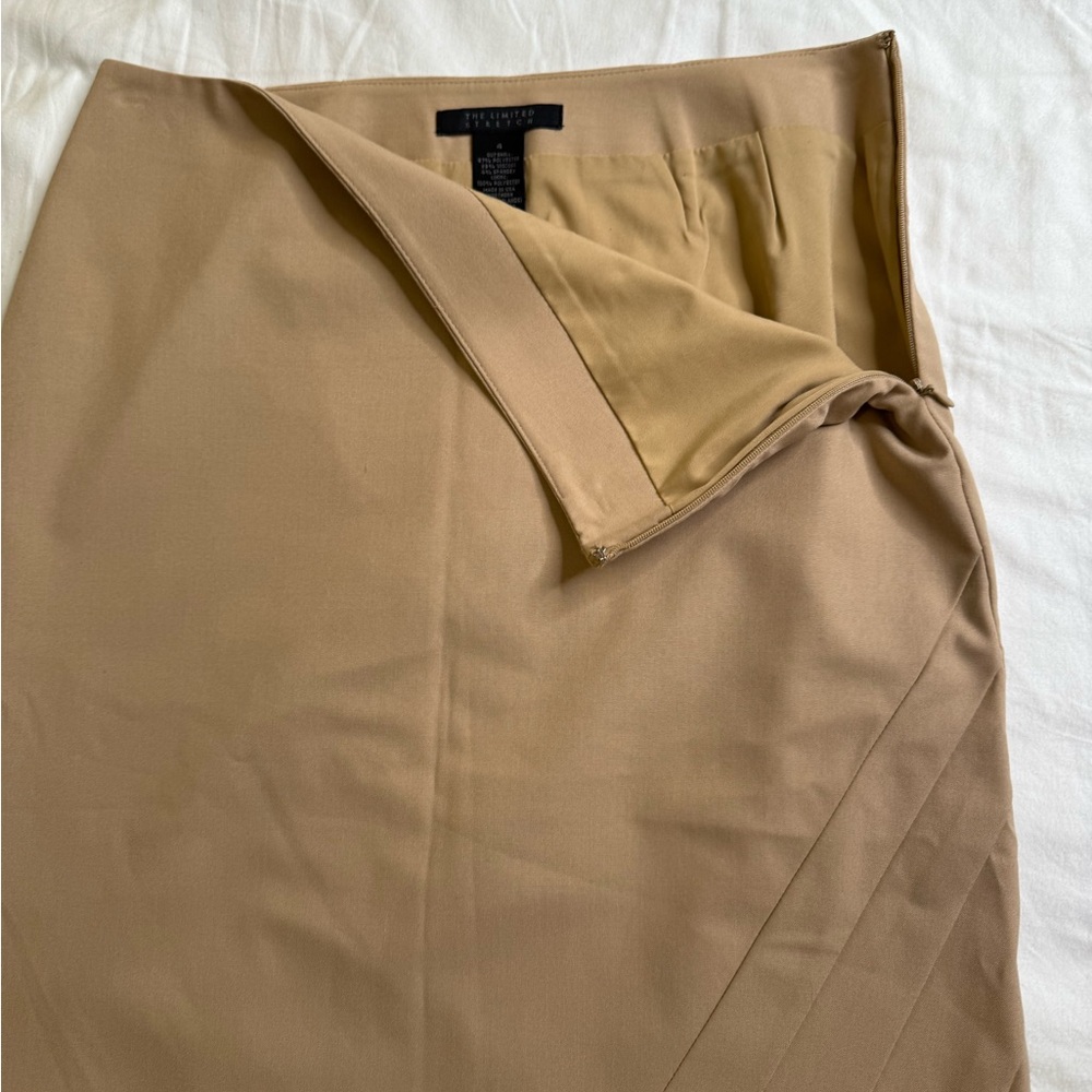 The Limited Stretch Camel Pencil Skirt Asymmetrical Pleat Front Lined Workwear 4 - Picture 6 of 13